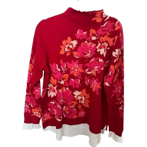 Isaac Mizrahi Live! Womens  Red Floral Mock Neck Faux Undershirt sz L