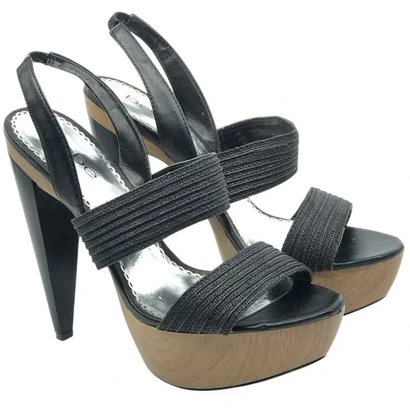 BEBE BLACK & TAN WOODEN PLATFORM‎ SANDAL HIGH HEEL