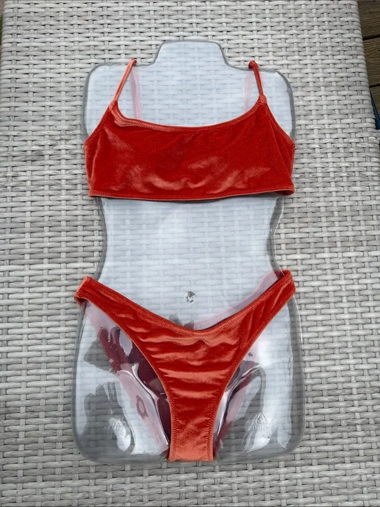TRIANGLE SWIMWEAR RUST ORANGE VELVET CROP BIKINI SWIMSUIT TOP SMALL+. BOTTOM XS