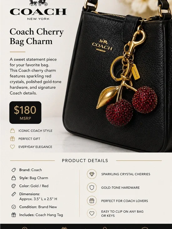 Coach Gold-Tone Cherry Bag Charm with Red Crystals