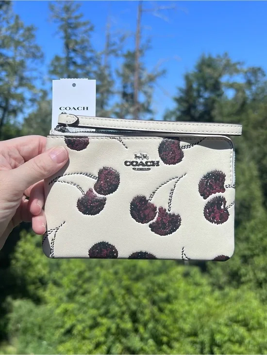🍒COACH Sequin Cherry Print Leather Wristlet with Silver Hardware CDF05 NWT