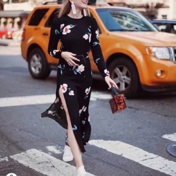Reformation Vanessa Floral Ornament Rayon Blend Slit Longsleeve Dress Size 4