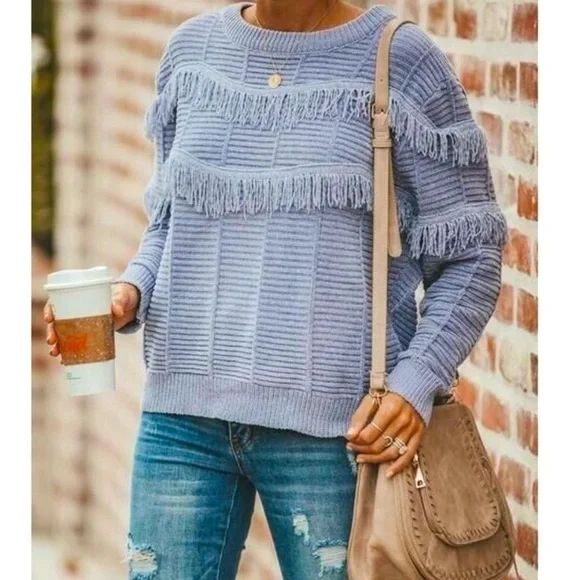 VICI dusty blue soft fringe detail sweater
