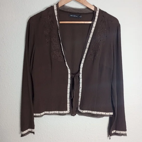 Y2K The Limited Front Tie Silk Bolero Shrug Floral Embroidered Detail Lace Trim