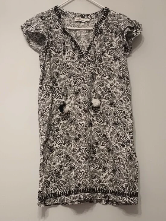 Vineyard Vines Linen Black and White Leaf-Print Pom Pom Dress XS