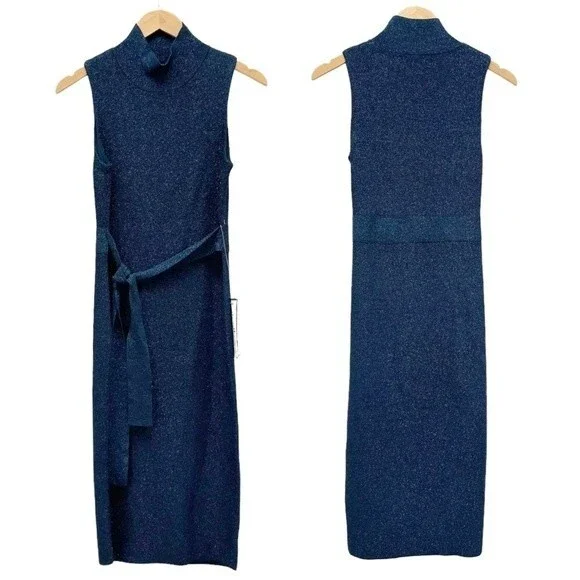 NWT Rachel Roy Kiki Navy Shimmer Midi Fitted Sheath Sweater Dress Size Large NEW