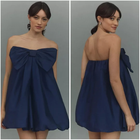 BHLDN Anthropologie Livia Strapless Bow Tent Mini Dress in Navy Blue NWT New