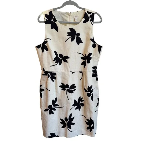 J.Crew Sheath Dress Women 14 Ivory Black Floral Cotton Pique Vacation Resortwear