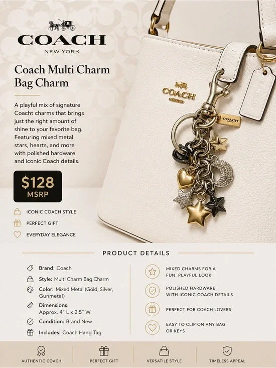 Coach Mixed Metal Star & Heart Charm Keyring in Gold, Silver, Gunmetal
