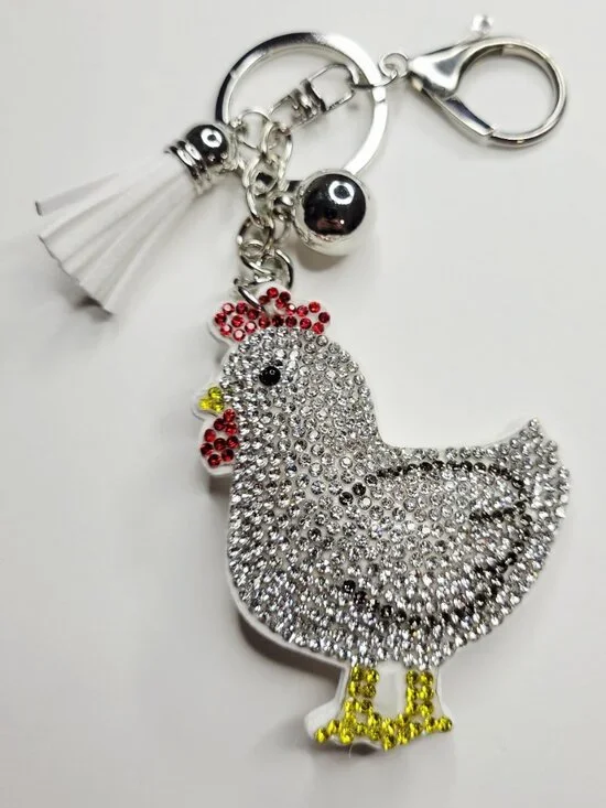 NWT Large Silver White Chicken Rooster Rhinestone Keychain Bag Charm And Tassel