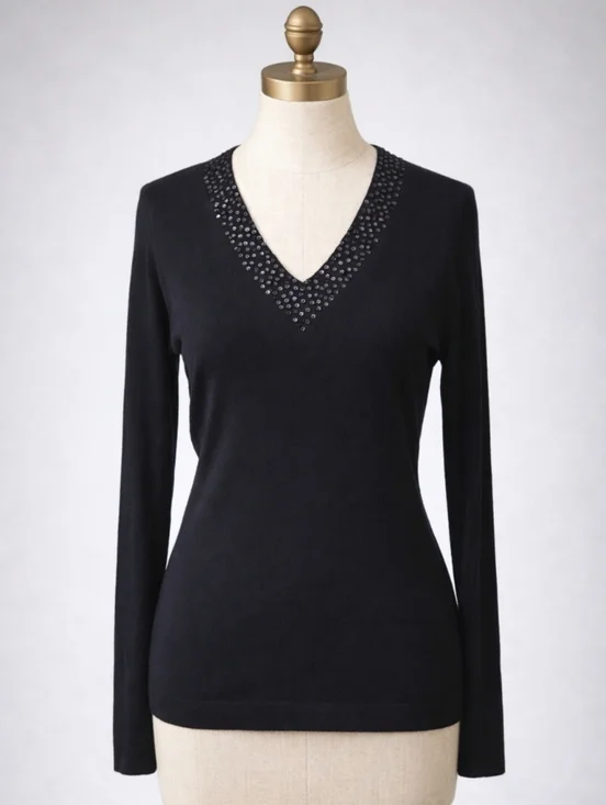 LANDS' END Black Cashmere Wool Sweater – Sequined V‑Neck | EXTRA SMALL