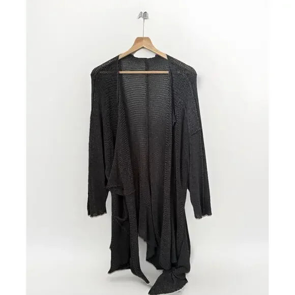 Boho Lagenlook Chain Mail Gray Knit Sweater Asymmetrical Artsy Cardigan L/XL