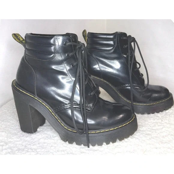 Dr Martens Persephone Black Glossed Leather Platform Lace Up Ankle Boots Sz 6