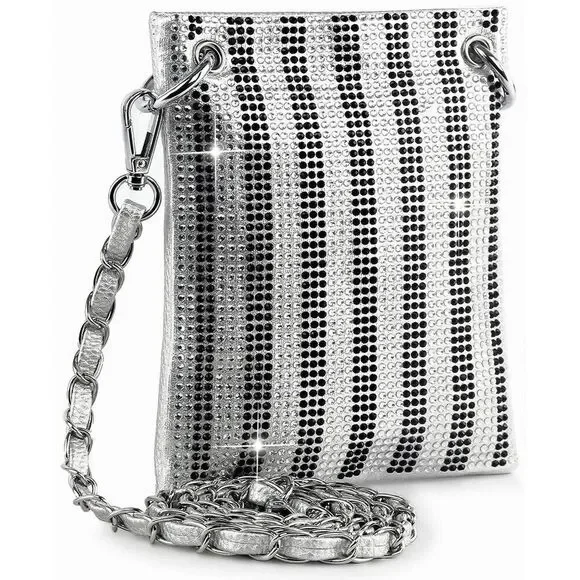 Silver Striped Rhinestone Studded Petite Crossbody Sling Handbag