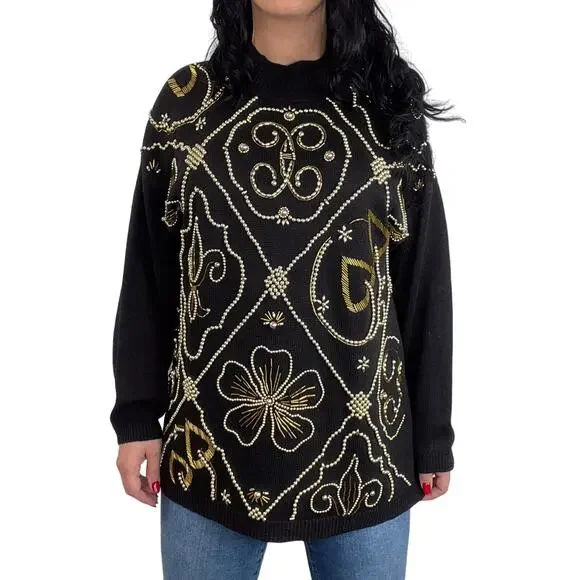 Victoria Jones 1980s Vintage Black & Gold Beaded Embroidered Sweater Large