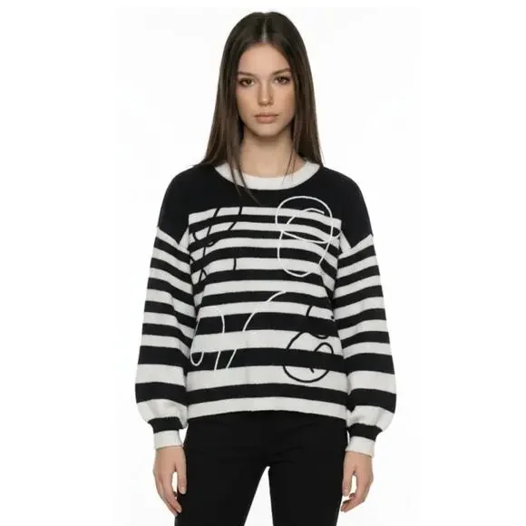 Nicole Miller Abstract Embroidered Sweater in Black and White