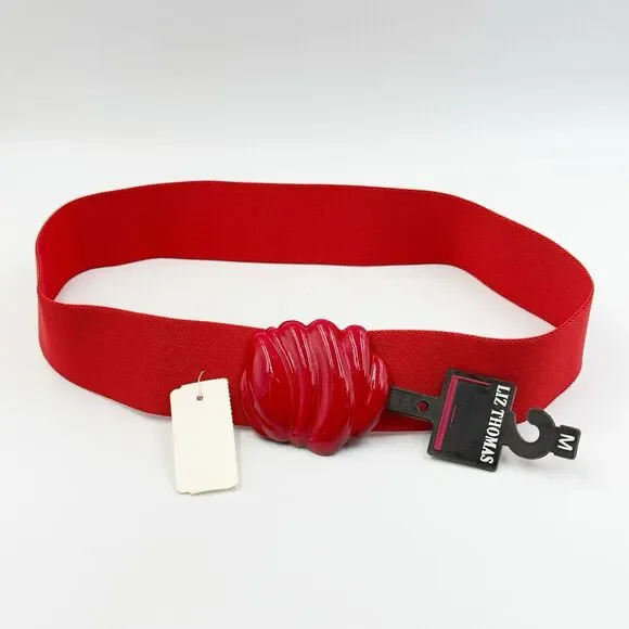 Women's Belt Size M Red Stretch Elastic Cinch Shell Buckle Wide Casual Dress