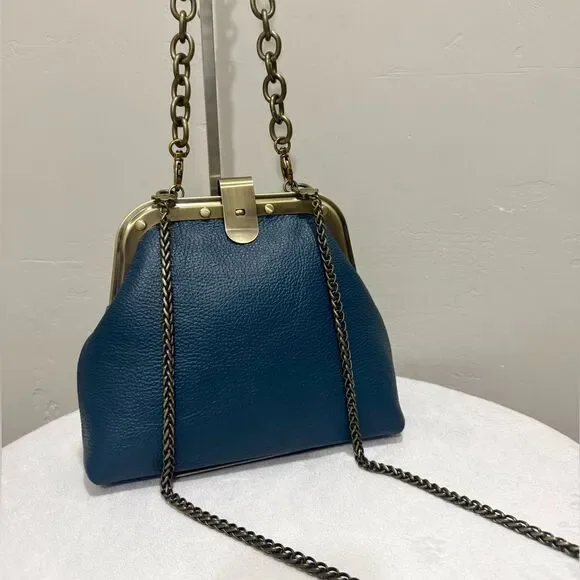Blue Premium Pebble Leather Handmade Unique Rivet Metal Frame Handbag/Crossbody