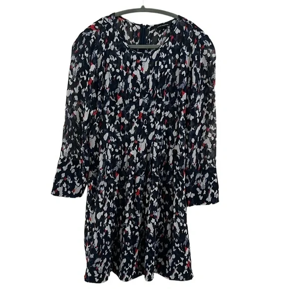 Club Monaco Women 8 Paint Splatter Navy‎ Mini Sheer Zipper Pleated 💯 Silk Dress