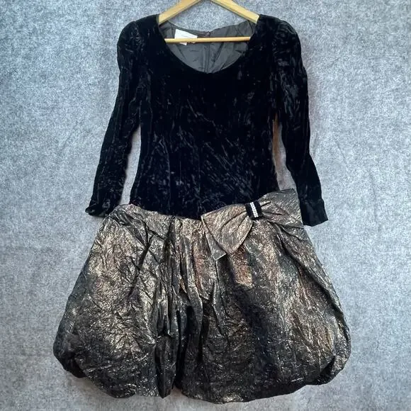 Vintage Warren Cocktail Party Dress Womens 8 Velvet Puff Skirt 80s Prom Metallic