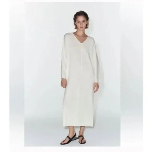 Zara Women Midi Knit Dress Size S Ecru Ivory Front seam long sleeve 5536/042 NWT