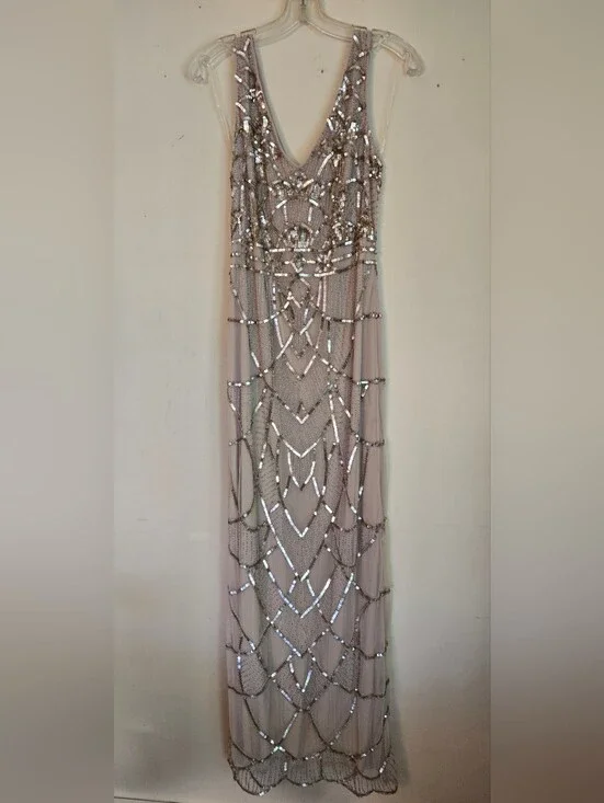 JS Collections Blush Nude Formal Maxi Dress with Gold  Sequin Beading