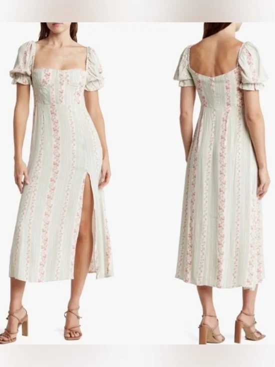 We Wore What Floral Rosewood Puff Sleeve Pastel Midi Dress
