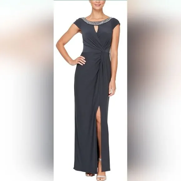 Alex Evenings Embellished Neck Cap Sleeve Column Gown NWT size 10 Charcoal Gray