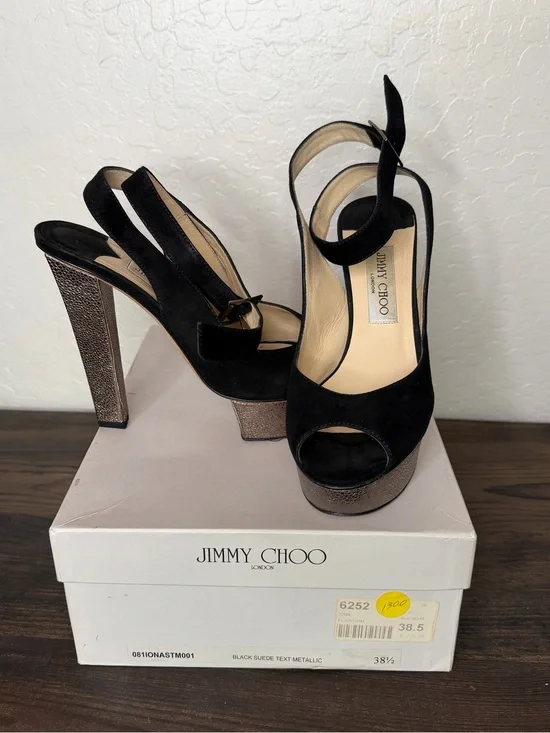 Jimmy Choo Black Suede Platform Slingback Heels with Metallic Block Heel