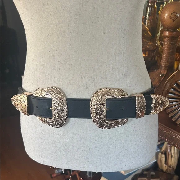 Western Double Gold Buckle Black Stretch Belt