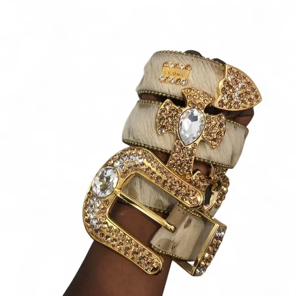 B.B Simon Cross Belt Rhinestone Swarovski Western Calf Hair Hyde Bling Rodeo Y2K
