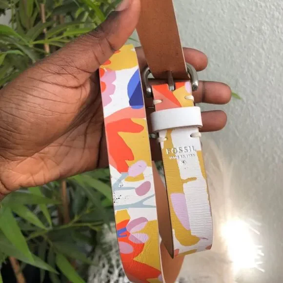 Fossil floral multi colorful boho indie hippie summer beach belt silver buckle-M
