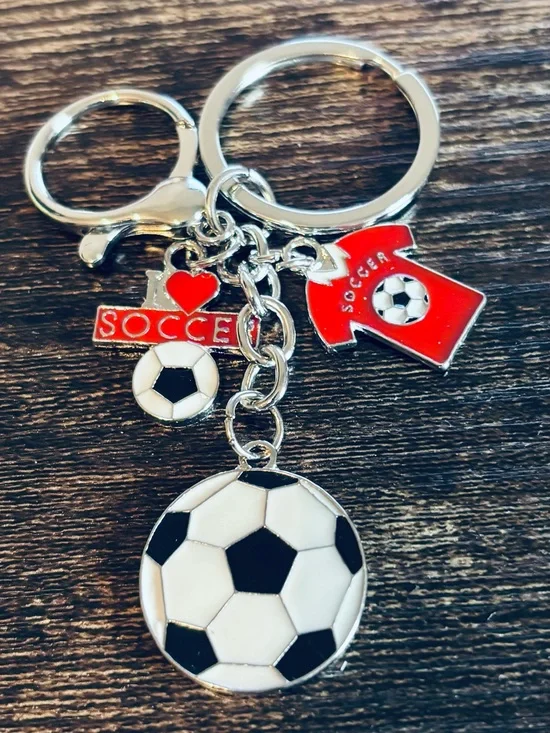 Soccer Keychain Charm - Black & White with Red Accents- Silver Tone