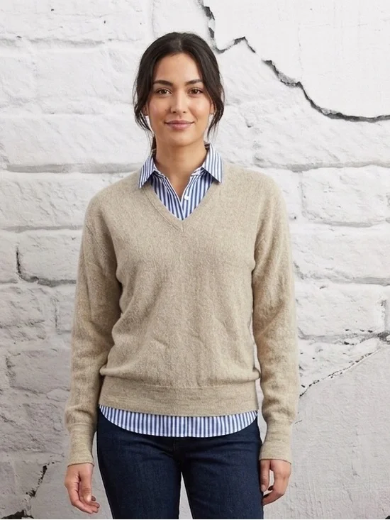 Vintage 70s/80s Izod Lacoste Wool Blend Beige V-Neck Sweater Beige Neutral‎
