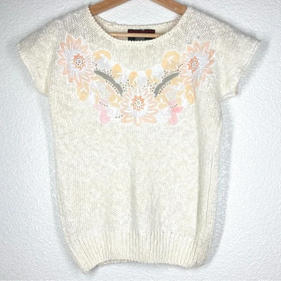 Vintage 80s Cottage Knit Short Sleeves Sweater Pastel Tones Floral Mervyn's