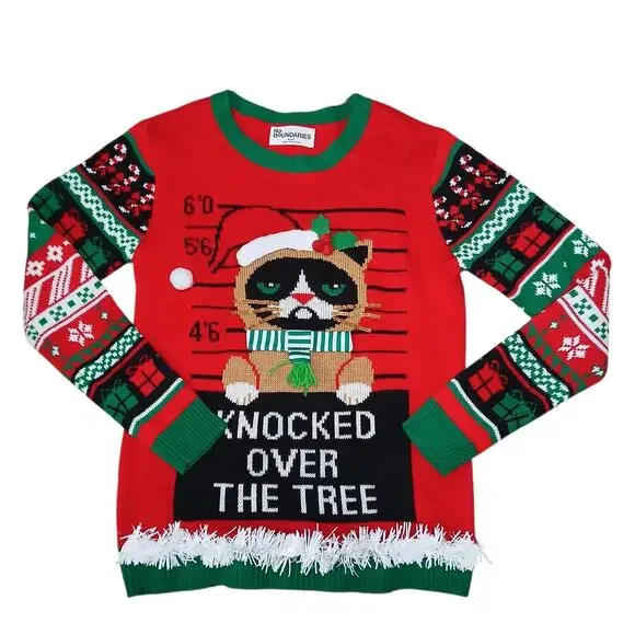 No‎ Boundaries Ugly Christmas Sweater Women’s M (8-10) Grumpy Cat Mugshot
