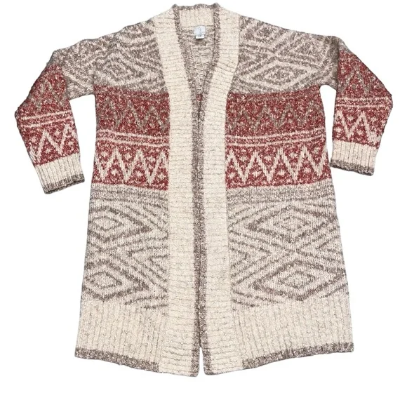 NEW Joie Aztec Intarsaria Longline Open Front Cardigan Sweater Duster Medium