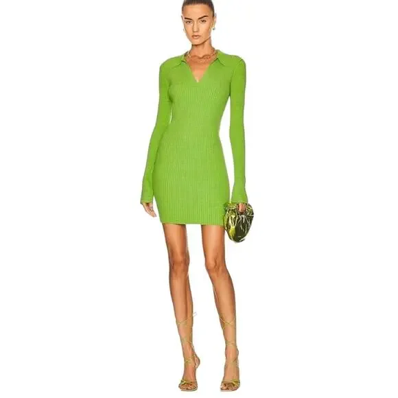 NWT Helmut Lang Marl Long Sleeve Ribbed Green Mini Dress in Lawn SMALL