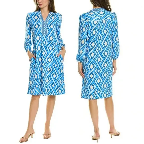 J McLaughlin Emer Long Sleeve Blue White Vilhada Souk Geometric Print Mini Dress