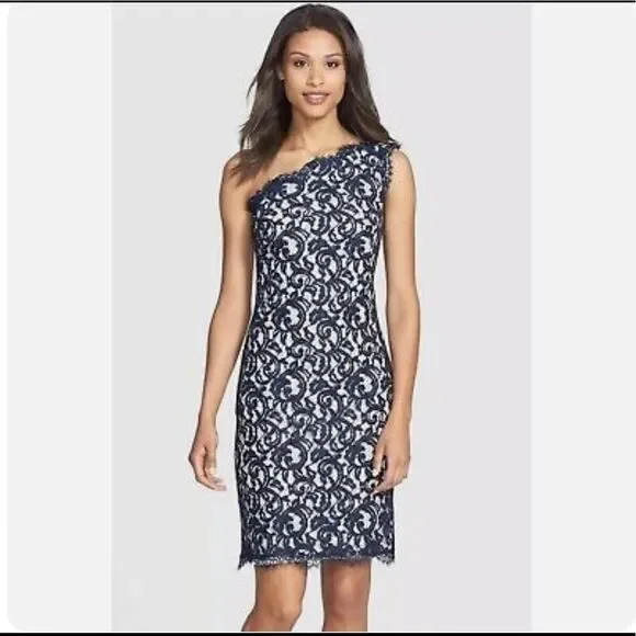 Tadashi Shoji One Shoulder Lace Sheath Dress Party Blue White, Size 6