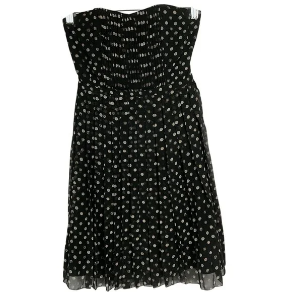 Broadway & Broome by J.CREW Polka Dot 100% Silk Pleated Strapless Dress, size 0