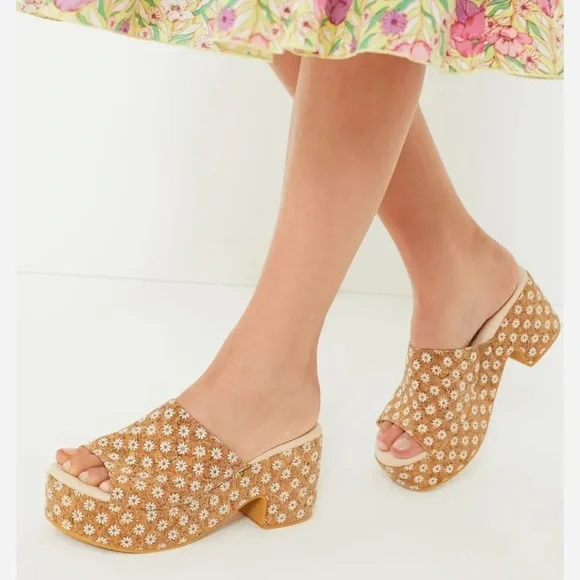COPY - Tan and White Platform Shoes with Woven Design