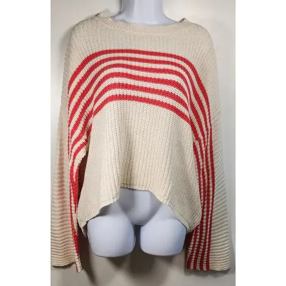 Aerie‎ Cream Red Stripe Cropped Knit Sweater Coastal Preppy M