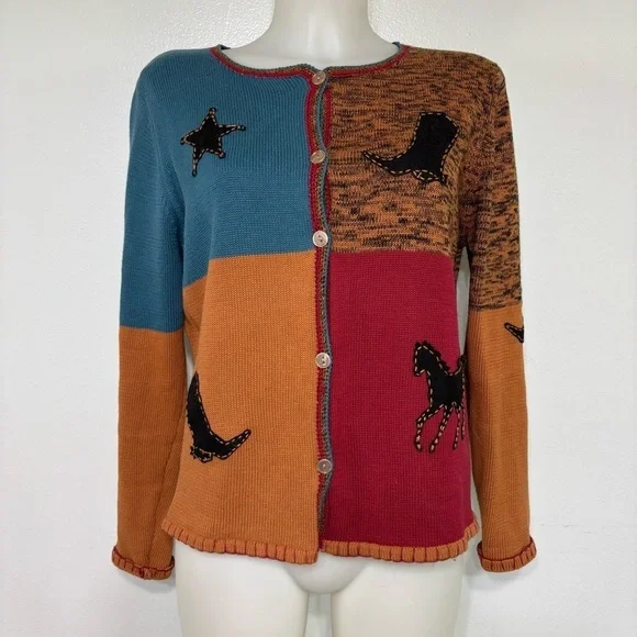 Rough Rider by Circle T Color Block Western Cardigan Sweater Size L Size M