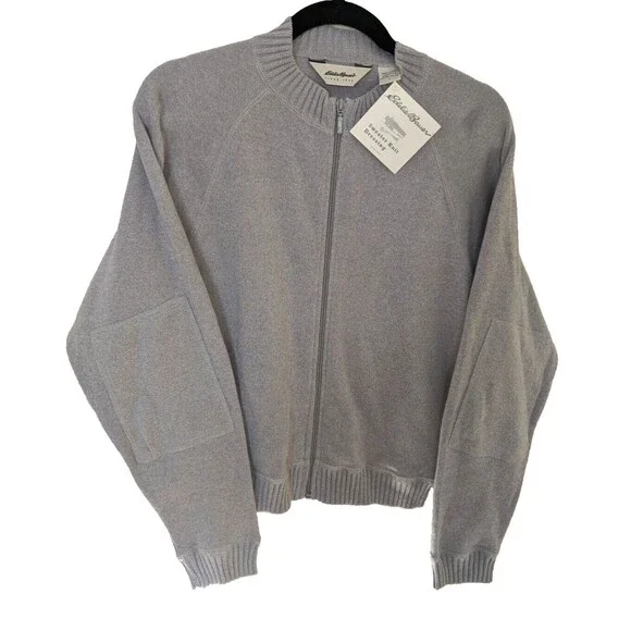 Vintage Eddie Bauer Women's Sweater Gray Full Zip 100% Cotton Made In USA Large