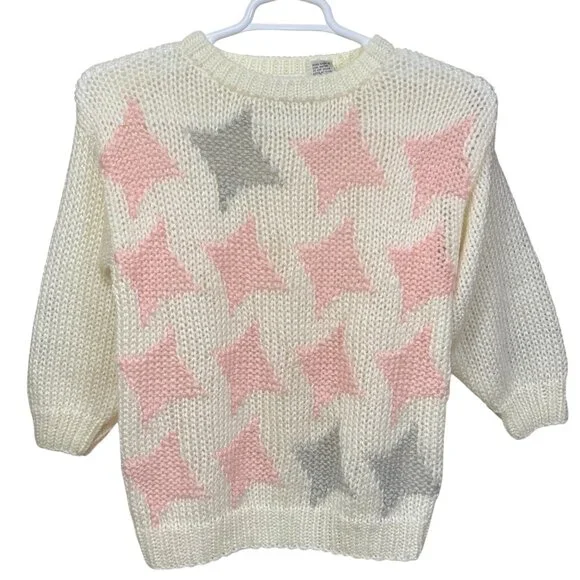 SML Sport Womens Hand Knit Sweater Medium Pink Gray Stars Vintage Acrylic