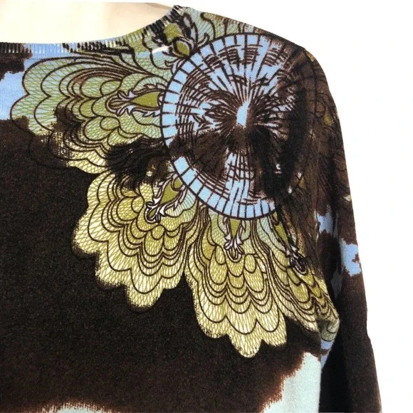 Vertigo Embellished Sweater Brown Blue Celestial Face Rhinestone Studded
