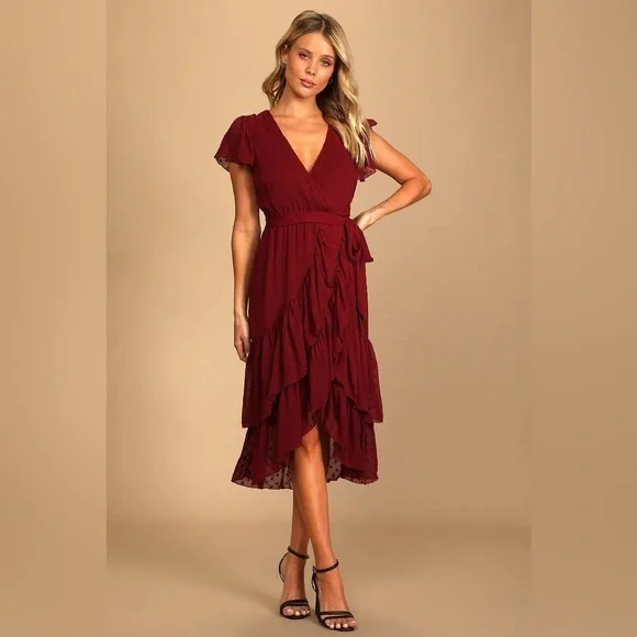 NWT Lulus Have Harmony Maroon Red Swiss Dot Ruffled Faux Wrap Midi Dress