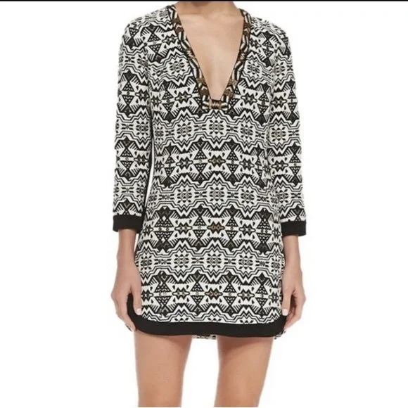 Twelfth Street Black, White and‎ Metallic Geometric Tunic Dress