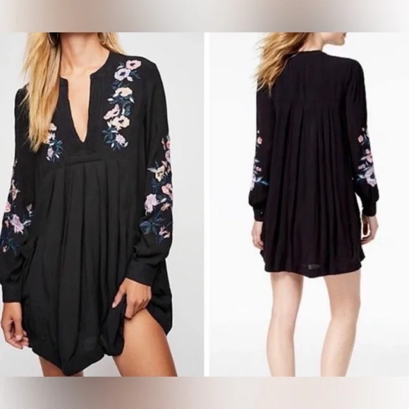 Free People Mia Gauze Dress Mini Embroidered Boho Festival Fairy Goth.  Sz L EUC